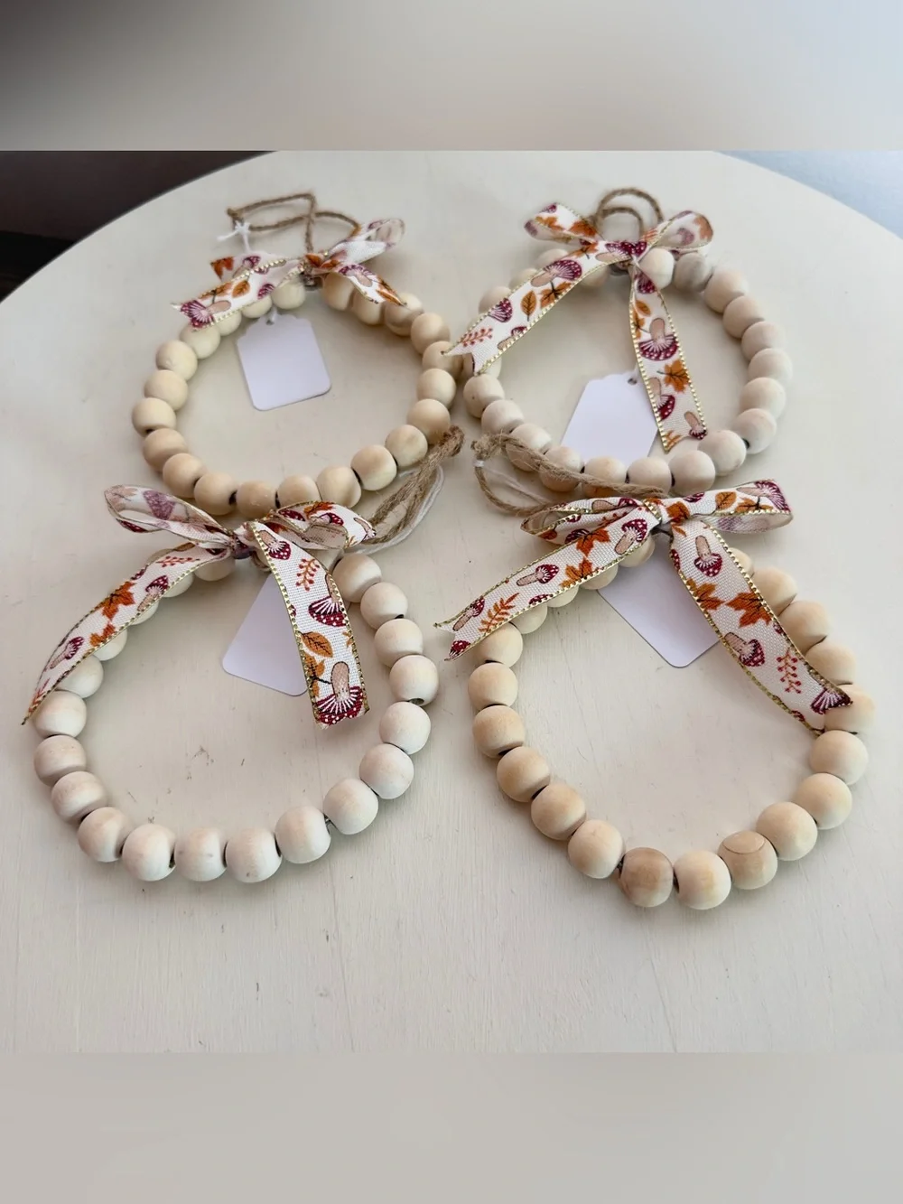 4 Handmade Fall Wood Beaded Wreath Ornaments With Mushroom Print Bows
